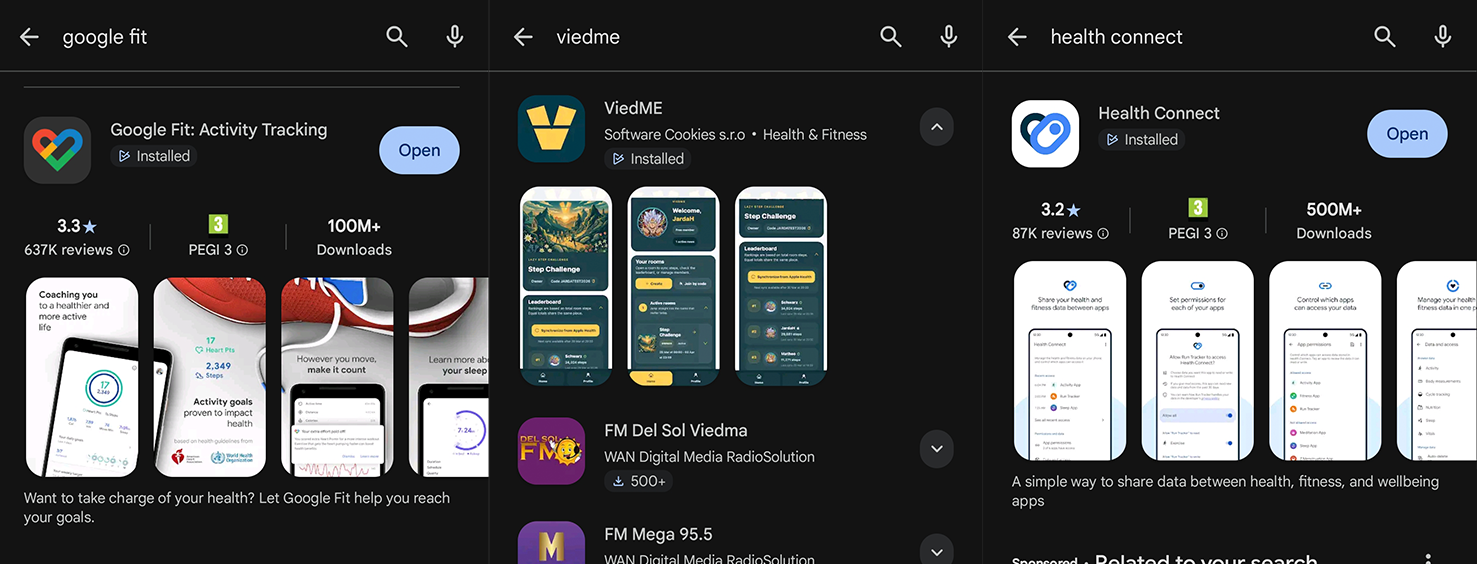 Android app screen showing ViedME, Google Fit, and Health Connect installed