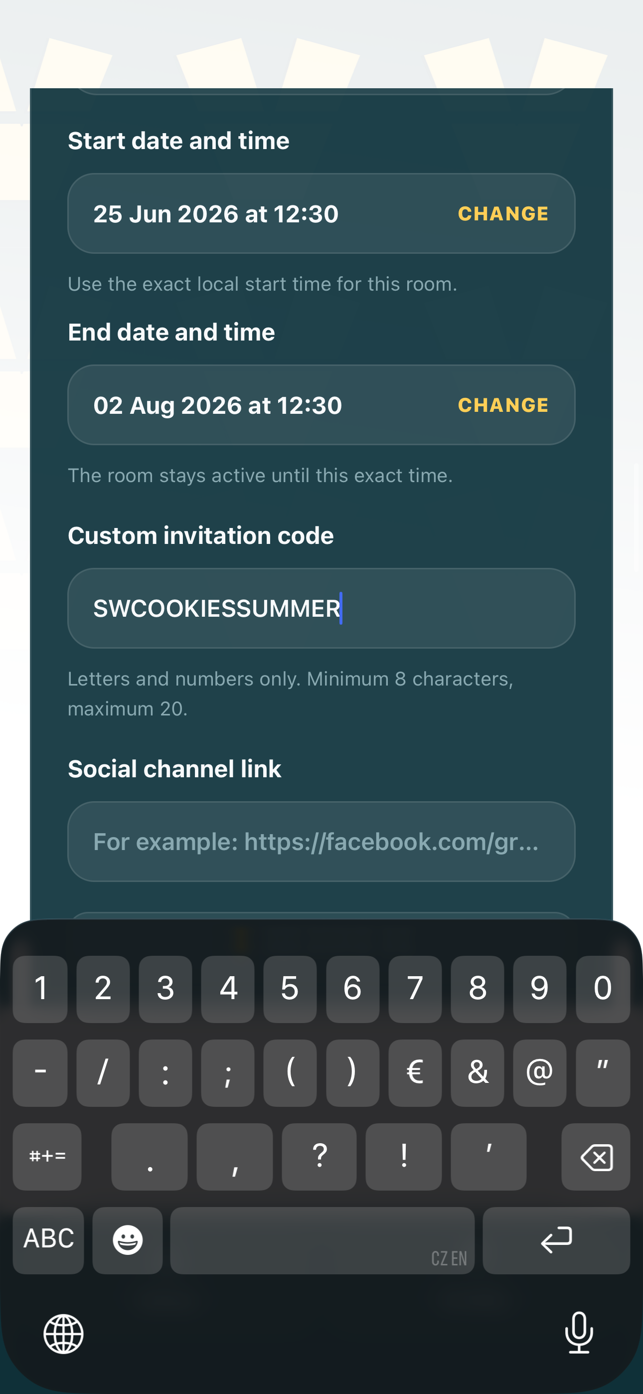 ViedME custom invite code selection screen