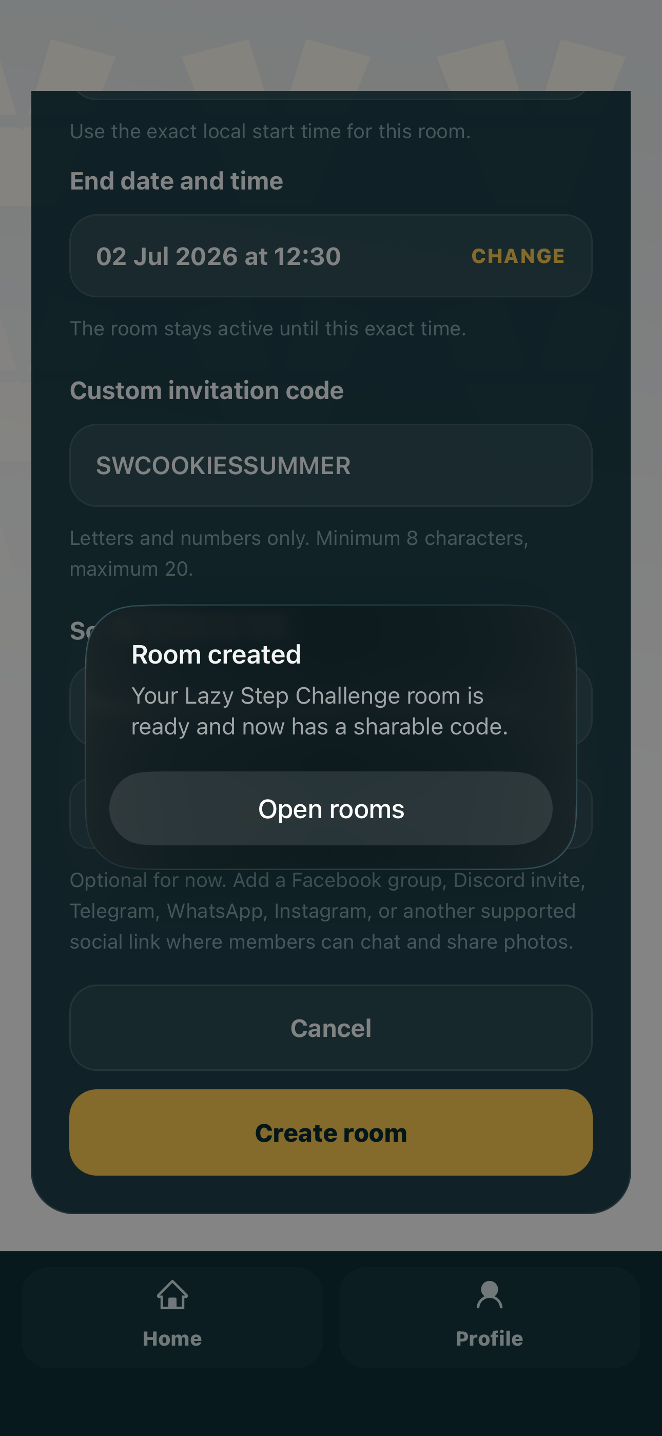ViedME room created confirmation screen