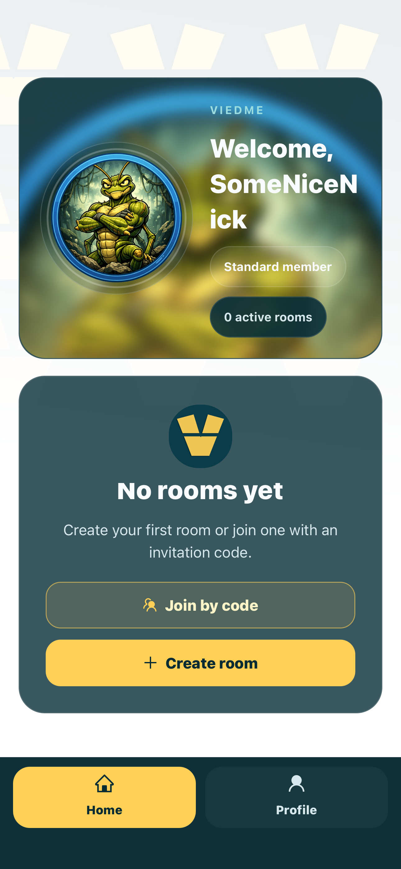ViedME screen with join room and create room options