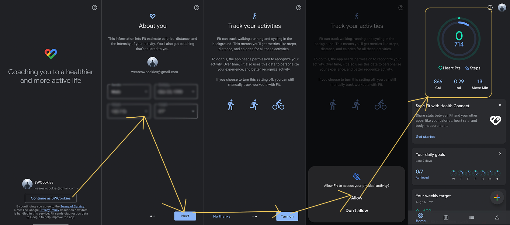 Google Fit setup screens for Android step tracking