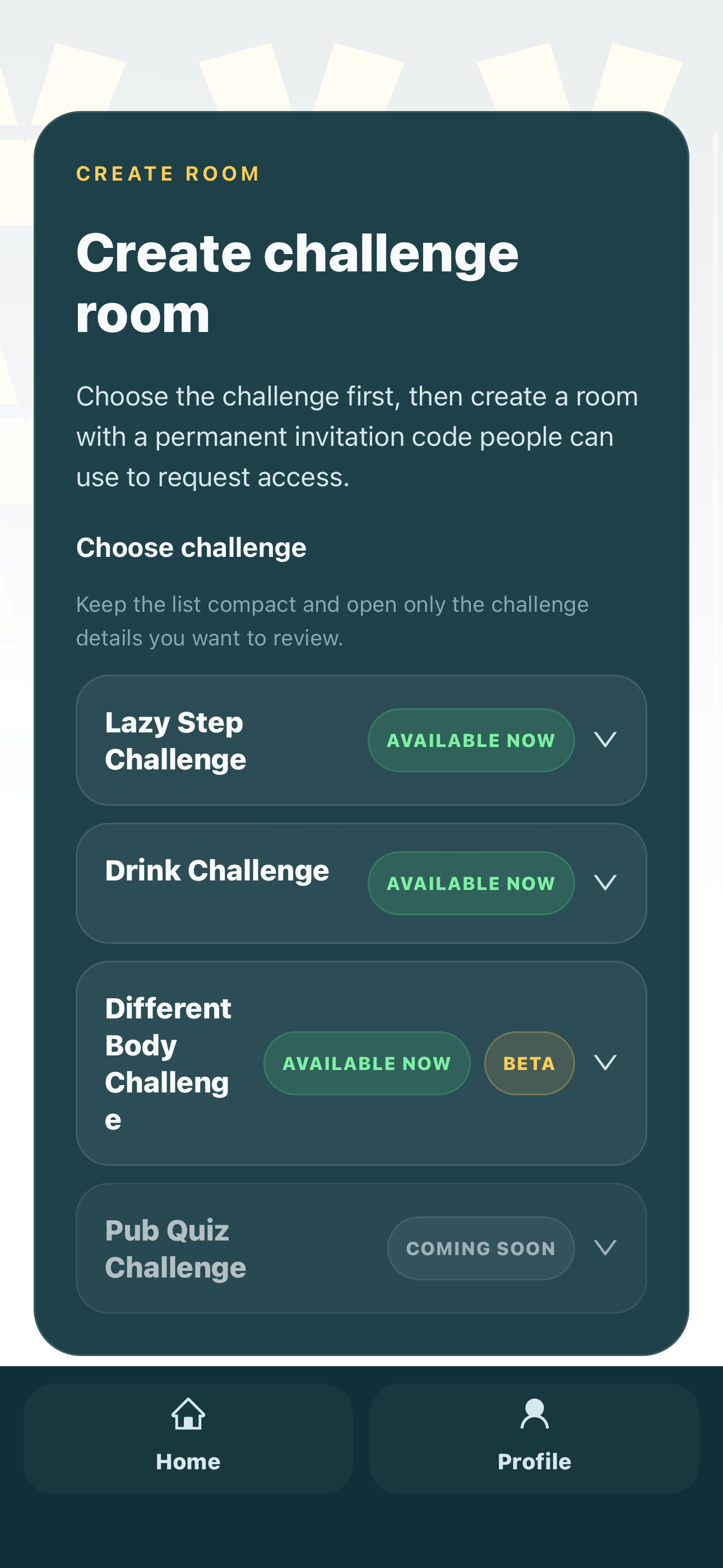 ViedME challenge selection screen