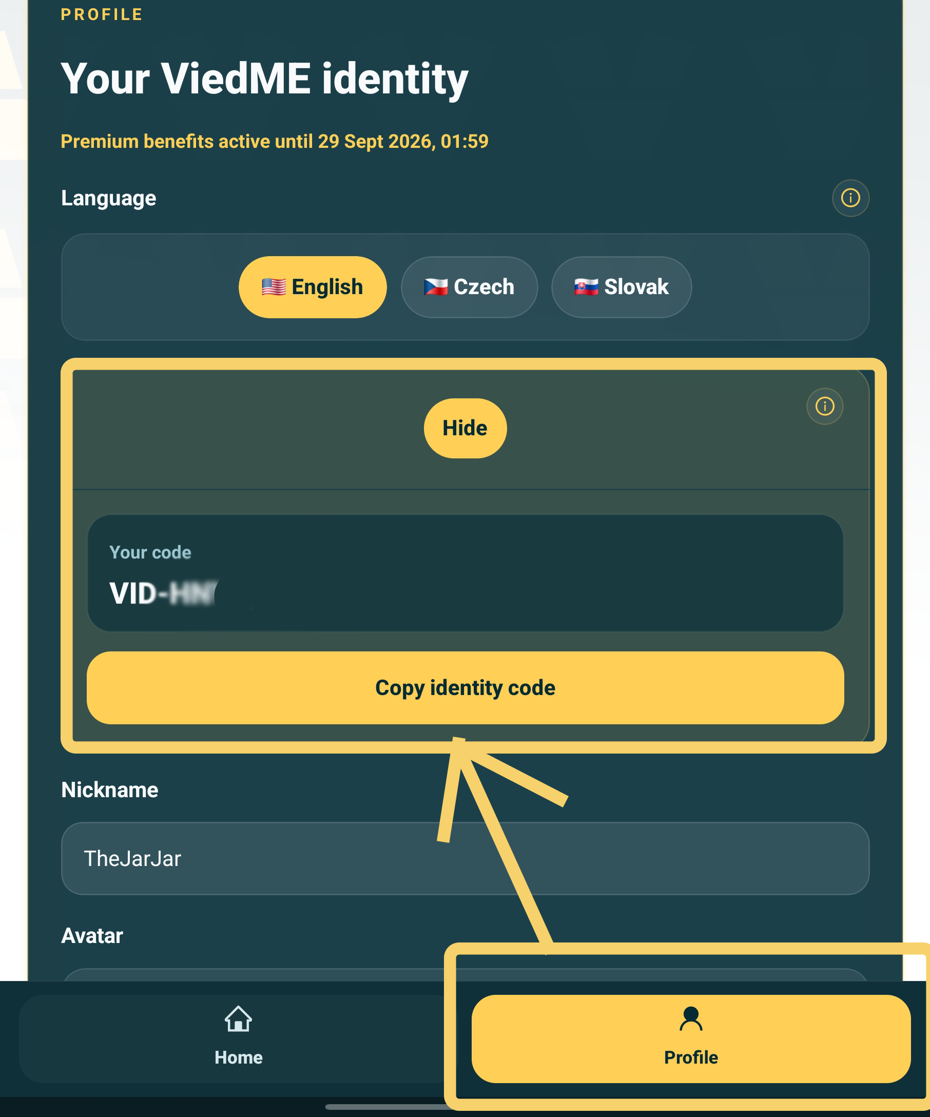 View personal ViedME ID in the app