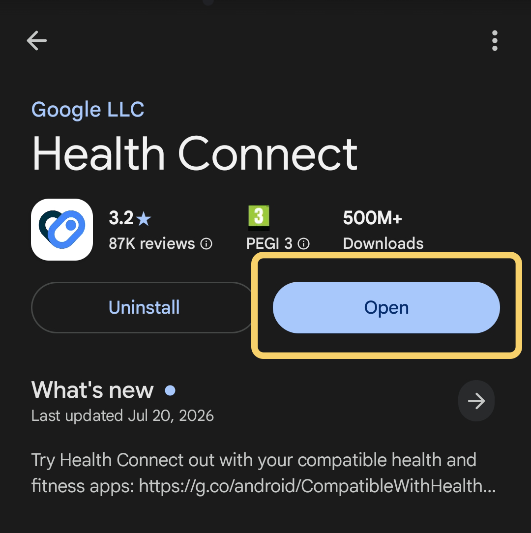 Health Connect screen opened on Android