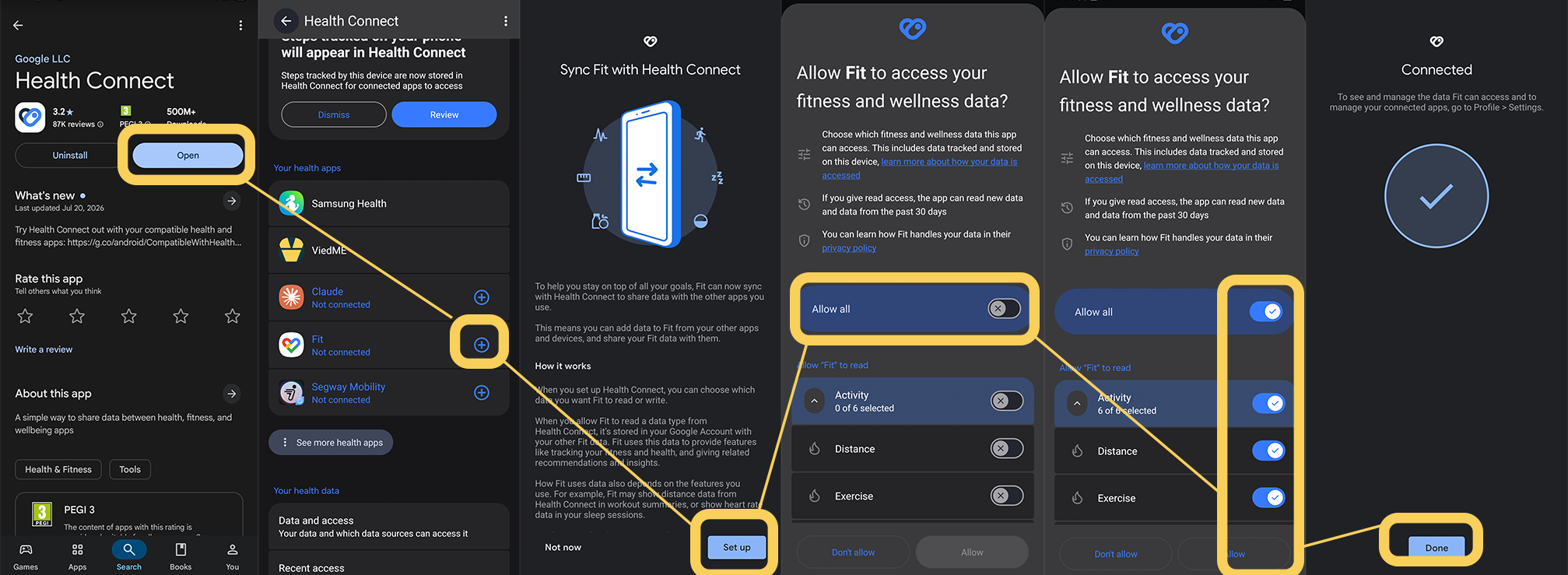 Health Connect setup showing Google Fit app permissions