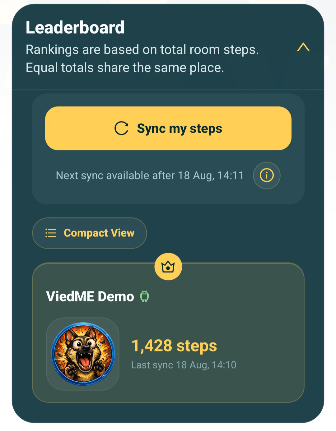 ViedME step challenge screen showing step sync and verification