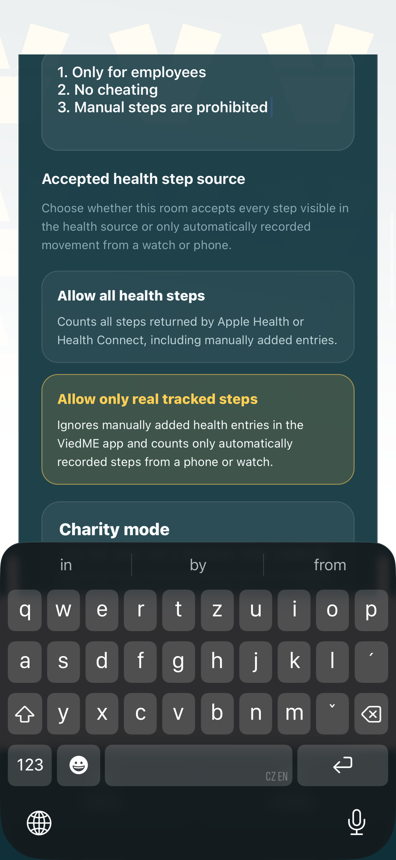 ViedME step tracking mode selection