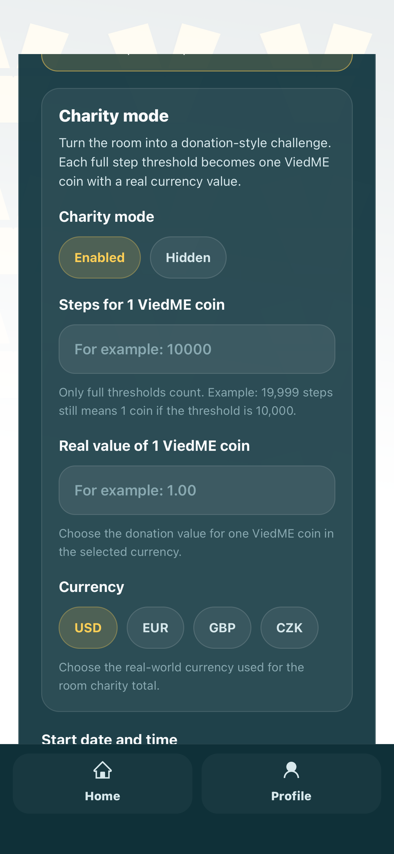 ViedME charity mode support selection