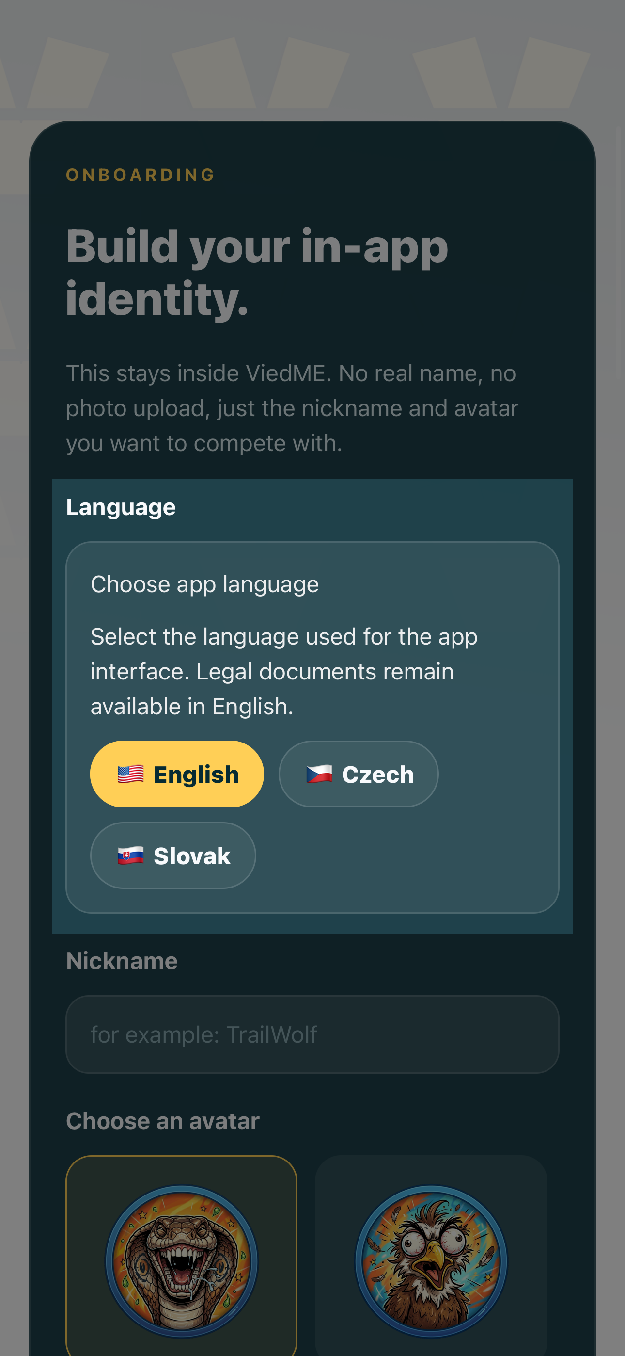 ViedME language selection screen