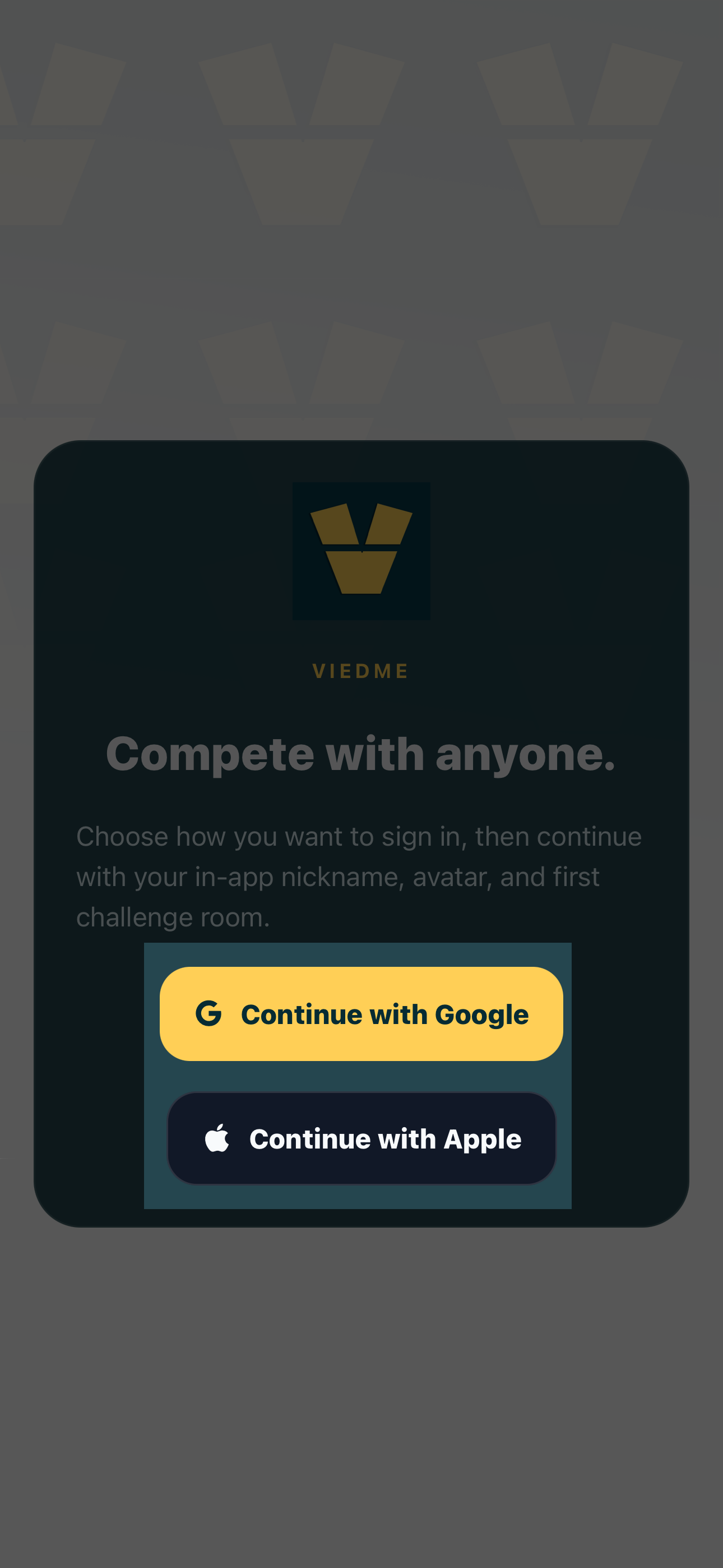 ViedME login screen with Google and Apple sign-in options