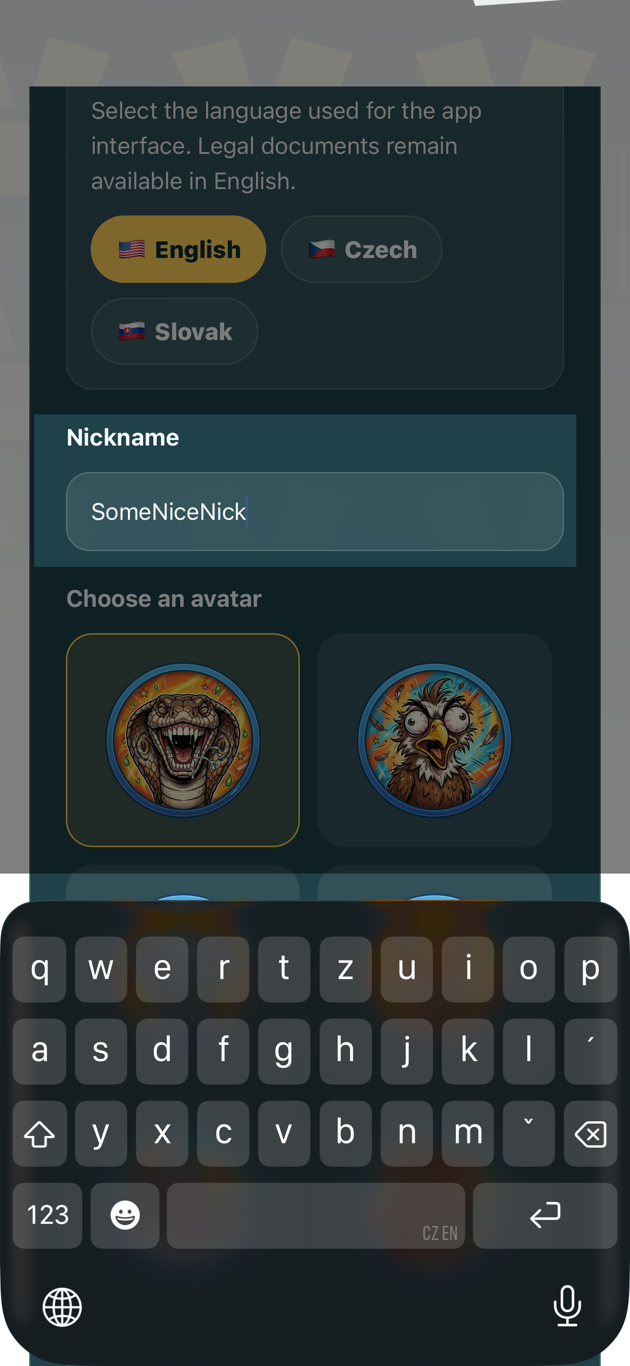 ViedME nickname selection screen