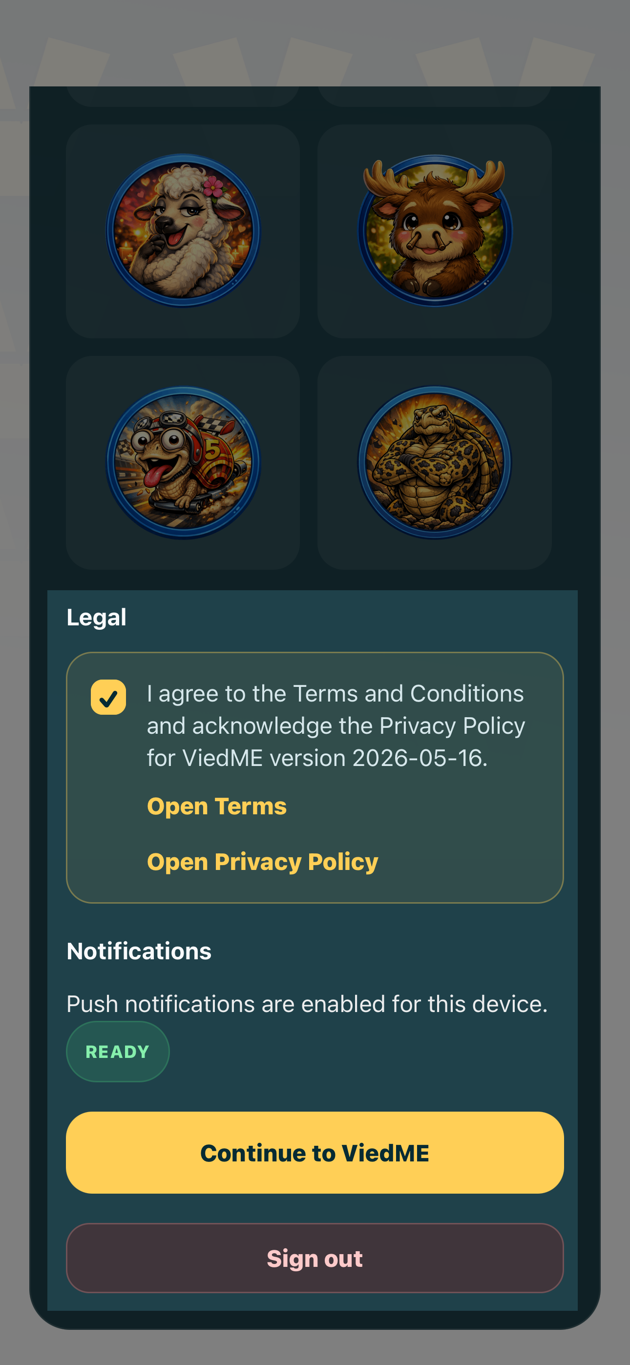 ViedME privacy policy, terms, and notification permission screen