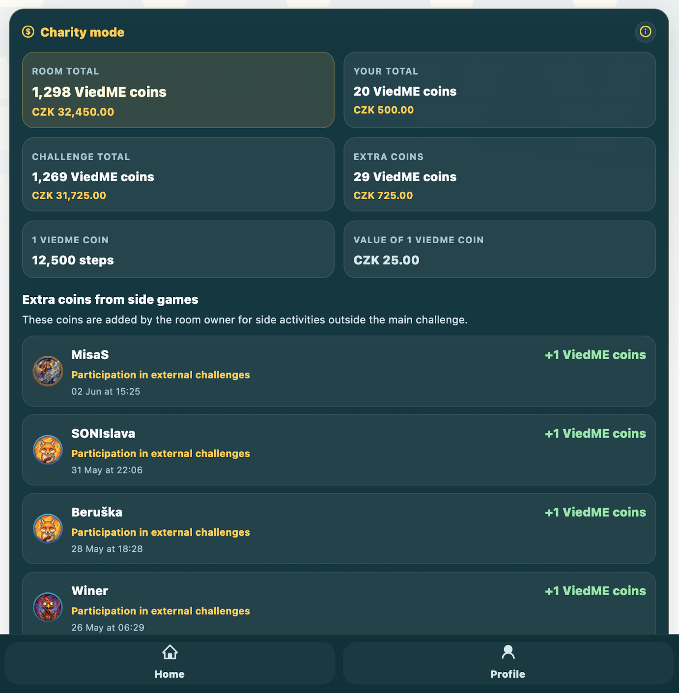 ViedME charity mode room showing charity coins and room totals