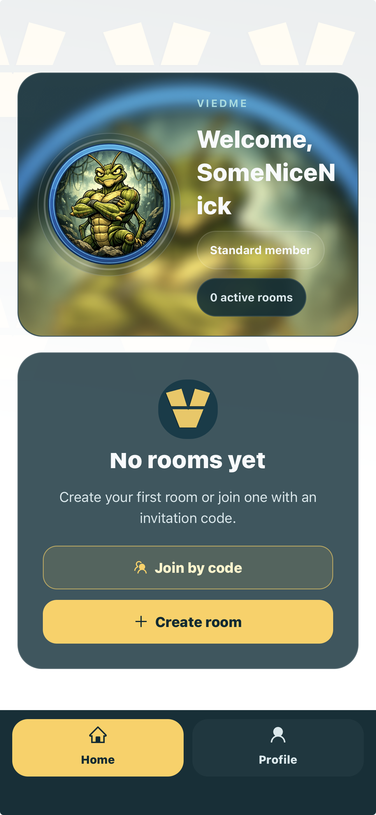 ViedME screen showing options after sign-up to create or join a room